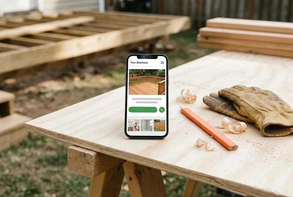 A phone standing on a sheet of plywood at a backyard building site, next to work gloves and a pencil, showing a contractor's website with a photo of a finished deck, a green call button and small project photos