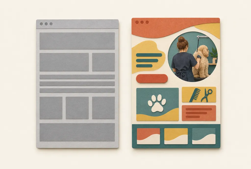 Two web pages in cut paper: a plain grey template beside a custom page for a dog groomer
