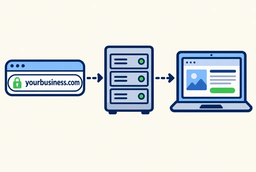 A diagram showing a web address leading to a server, which sends the website to a laptop