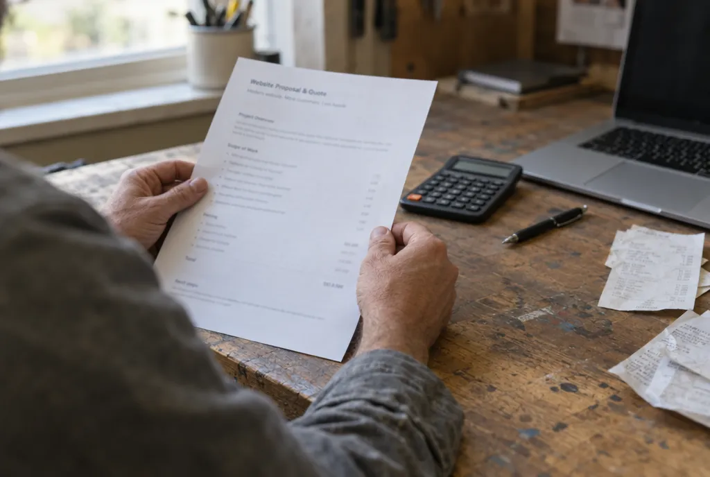 Hands holding a printed website quote at a wooden desk, with a calculator, a pen and a laptop