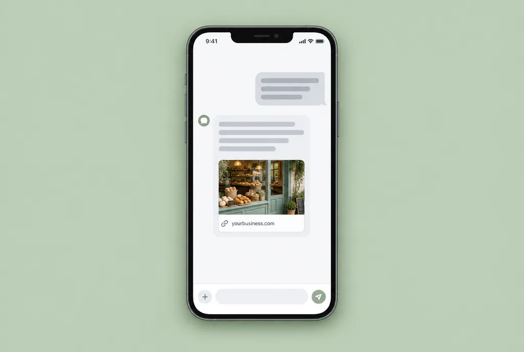 A phone showing an AI assistant's answer that links to a local bakery's website