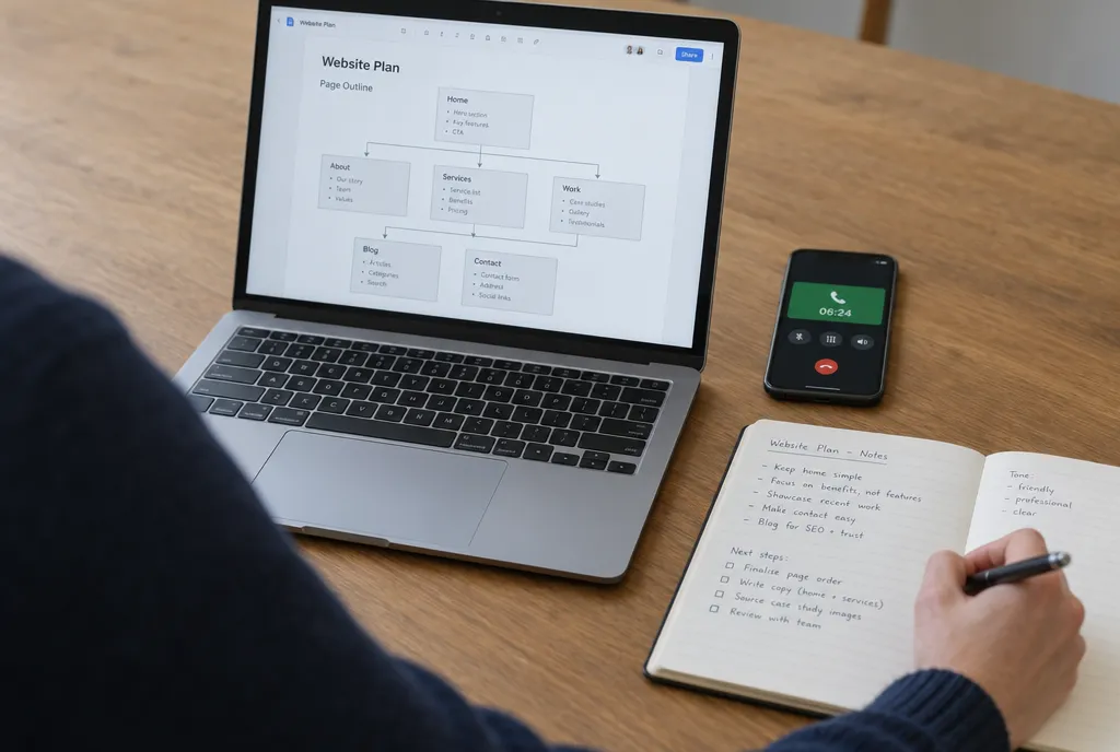 Someone taking notes during a phone call while a website plan is shared on their laptop