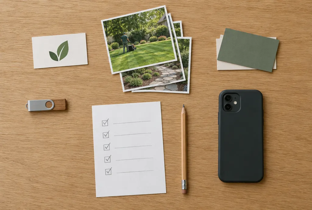 A logo card, printed photos of landscaping work, business cards, a USB stick, a checklist and a phone laid out on a table