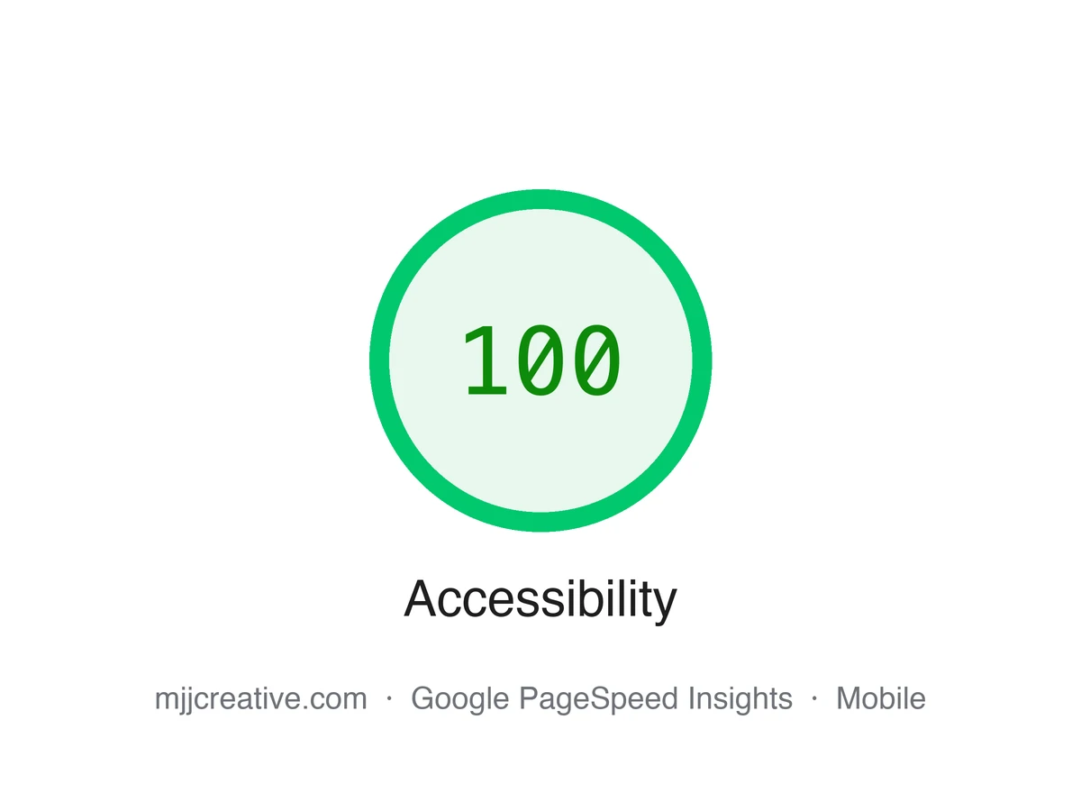 Google PageSpeed Insights Accessibility score for mjjcreative.com on mobile: 100 (September 28, 2026)