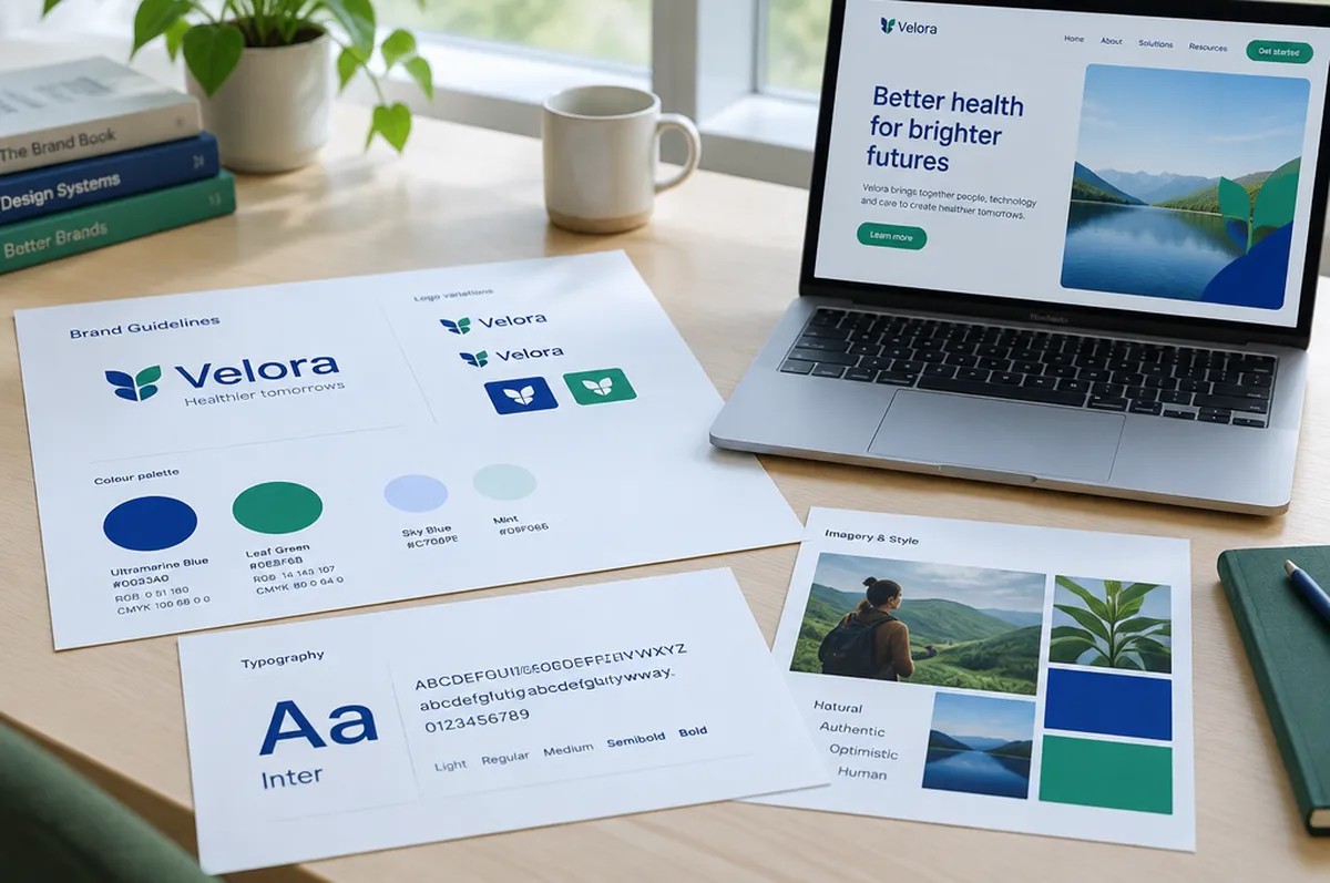 A designer's desk with brand guidelines, colour swatches and a laptop showing the website
