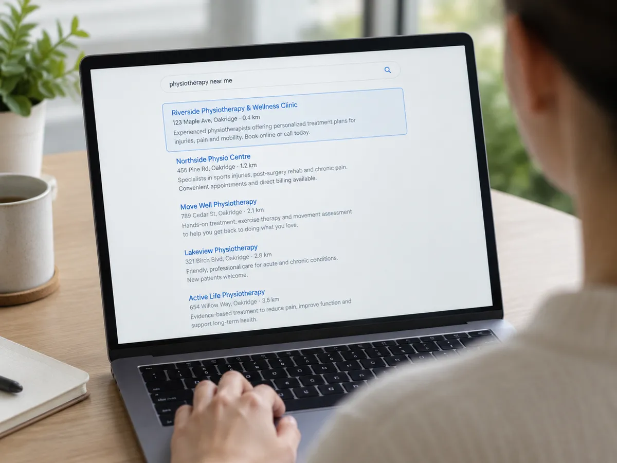 A search for physiotherapy near me on a laptop, with a local clinic at the top of the results