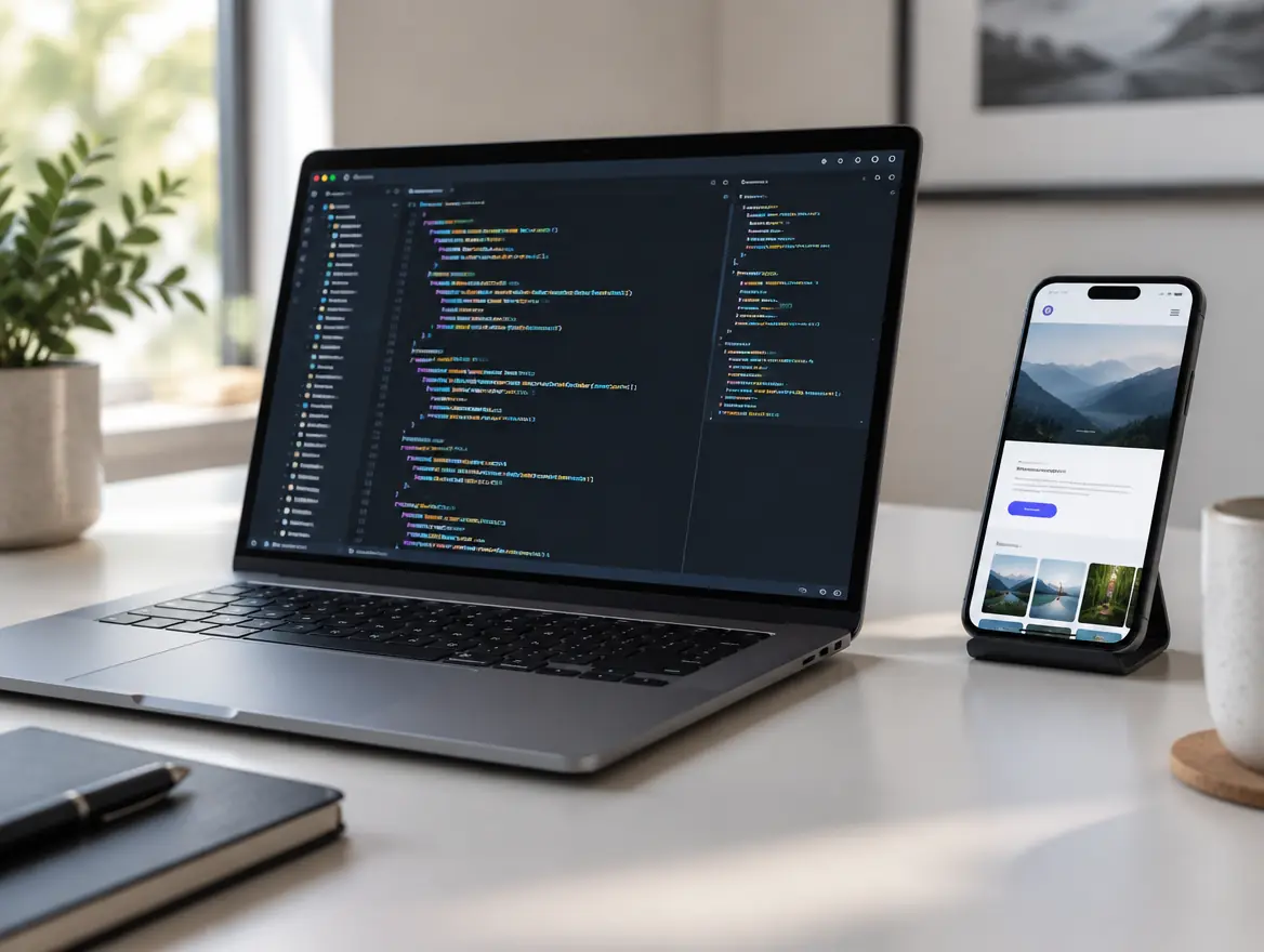 Clean code on a laptop beside a phone showing a fast website