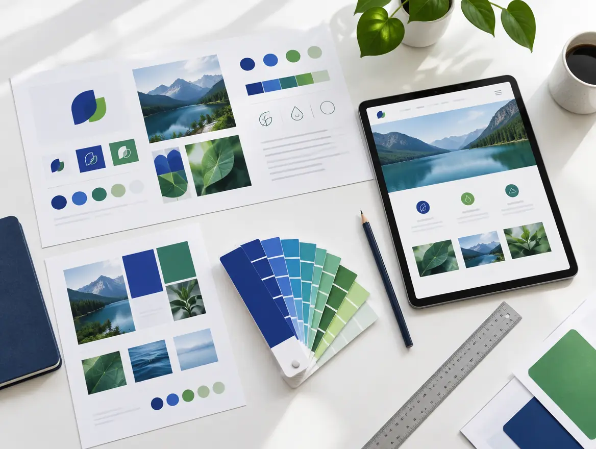 A designer's desk with brand guidelines and colour swatches