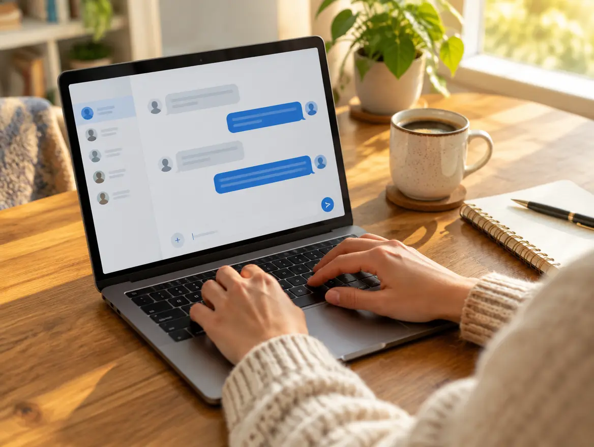 Hands typing a reply to a client message on a laptop