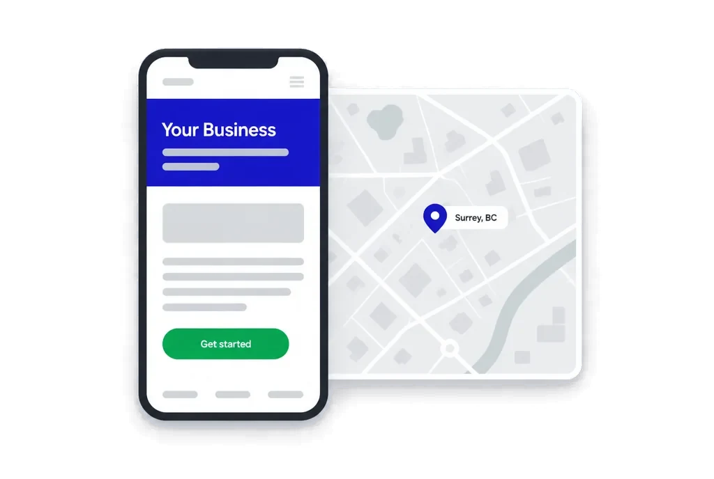 A local business website on a phone beside a map pinned at Surrey, BC